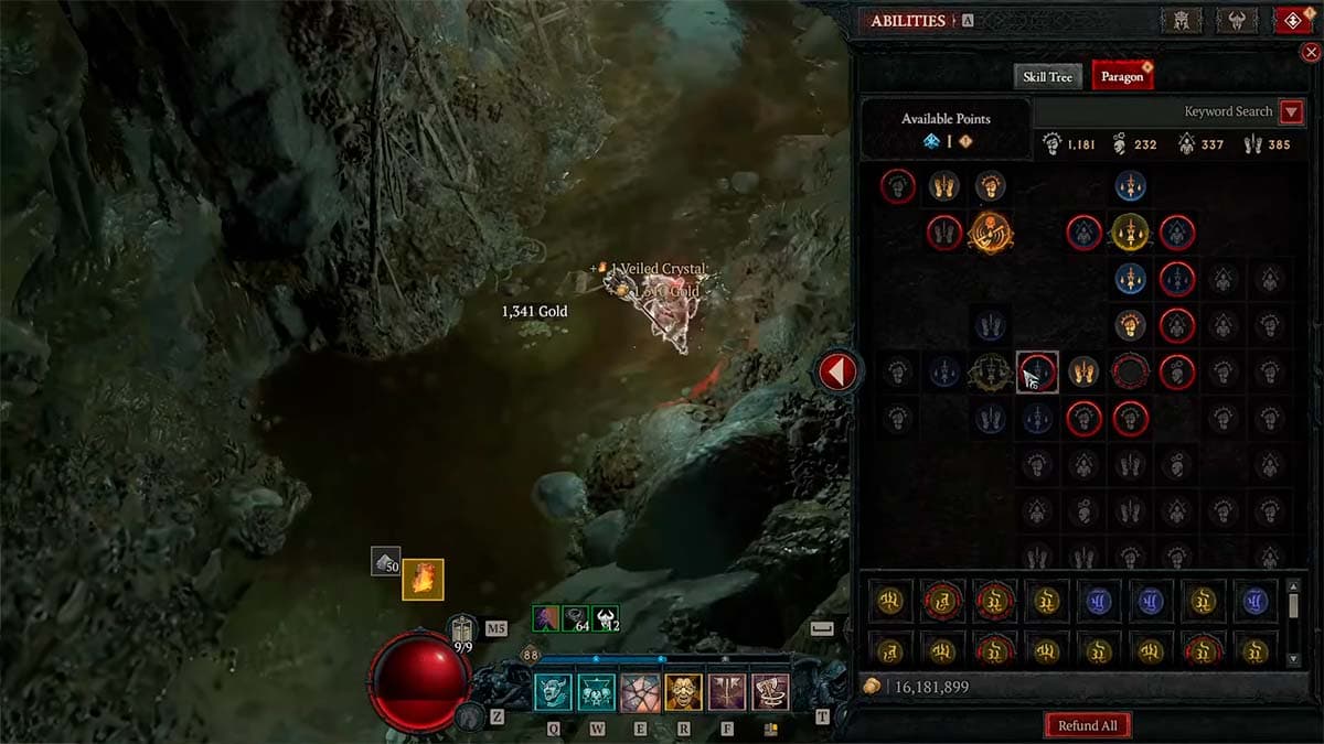 A Diablo 4's Whirlwind Barbarian build Paragon Points menu