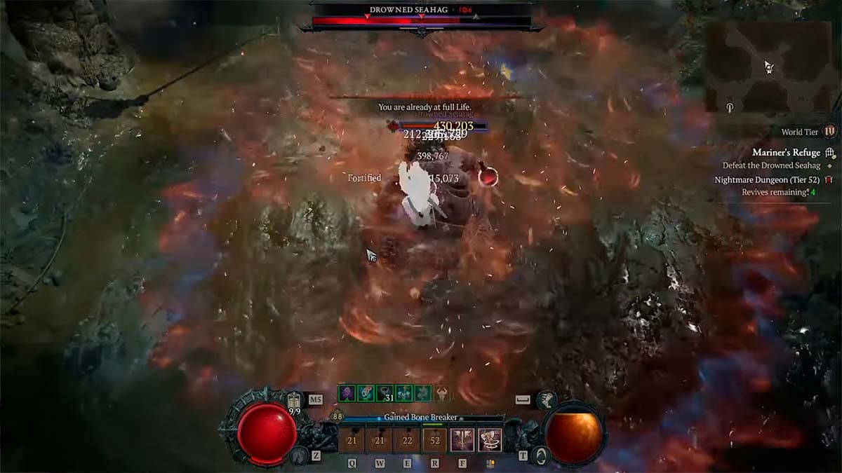 A Whirlwind Barbarian build fighting in a dungeon in Diablo 4