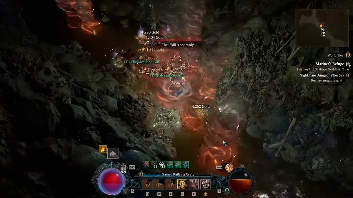 A Whirlwind Barbarian build fighting in a dungeon in Diablo 4