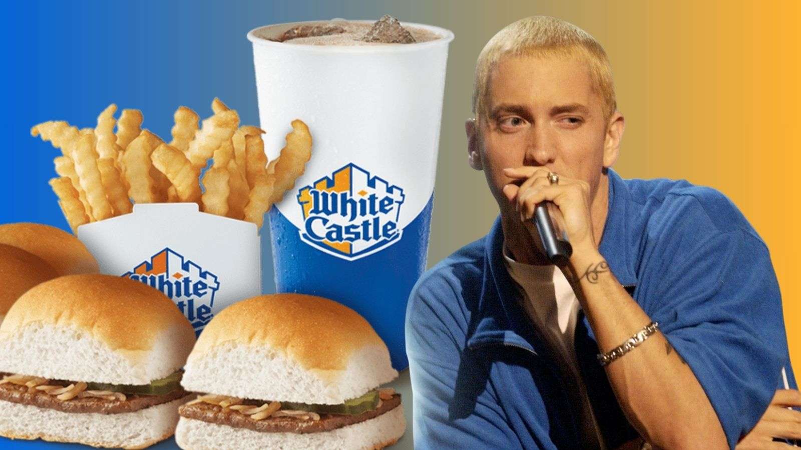 eminem and a burger and fries.