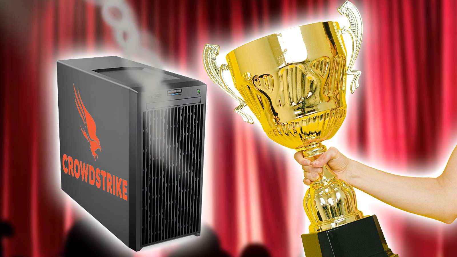 Server PC with smoke billowing out with the crowdstrike logo receiving an award