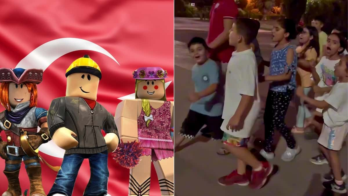 Roblox characters in front of Turkey Flag and kids protesting