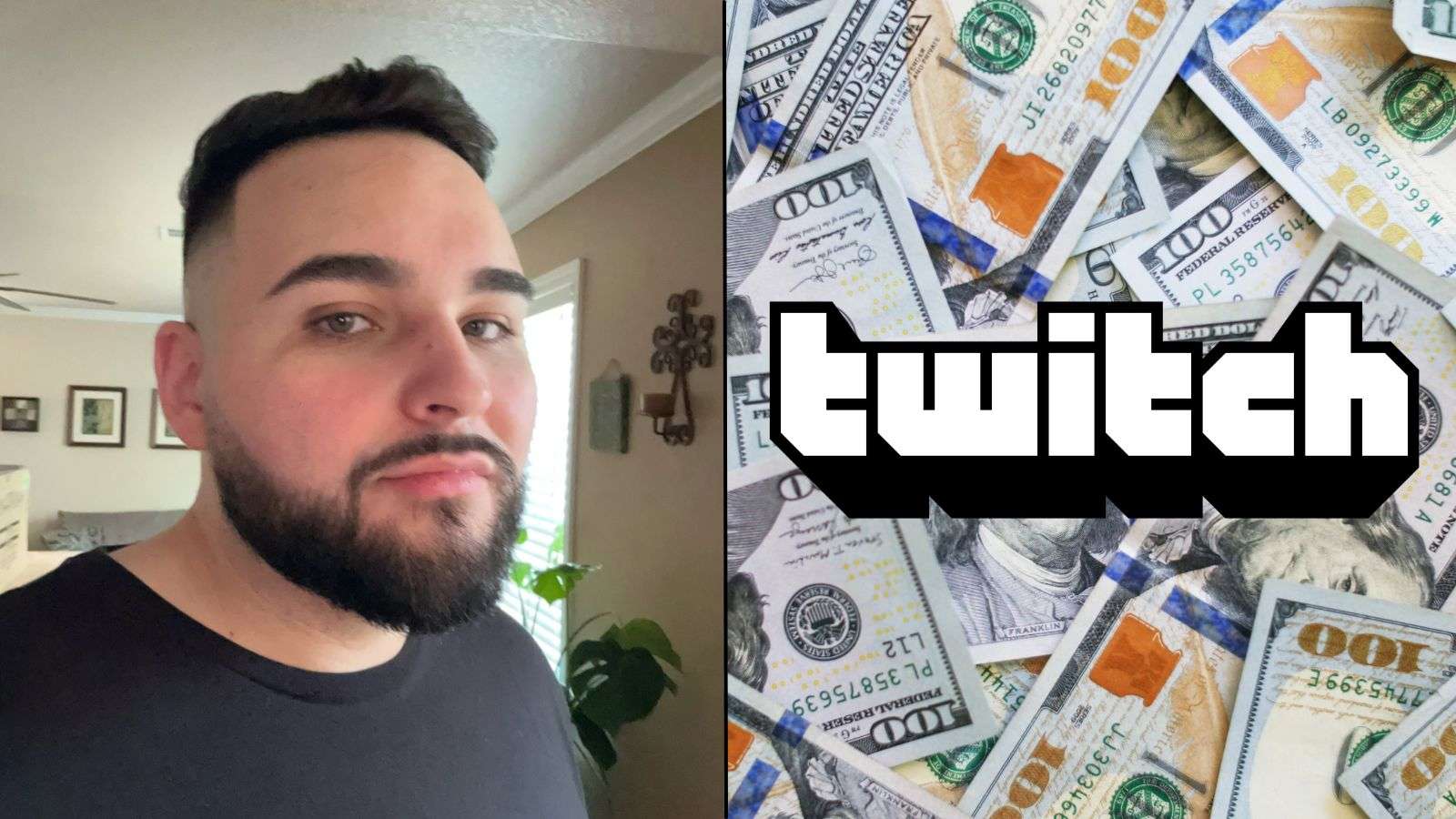 Selfie of Call of Duty pro Parasite alongside money with twitch logo on top