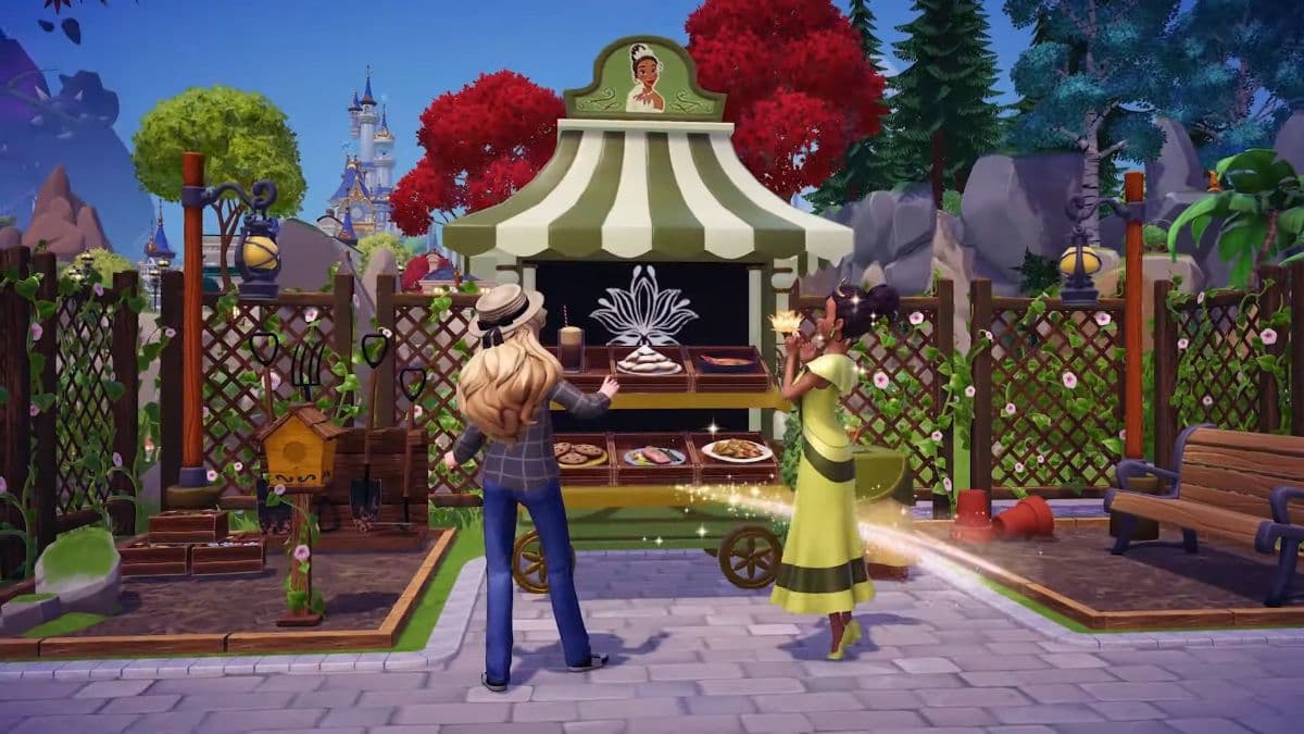 Tiana and character look at Tiana's Meal Stall from the Disney Dreamlight Valley August update