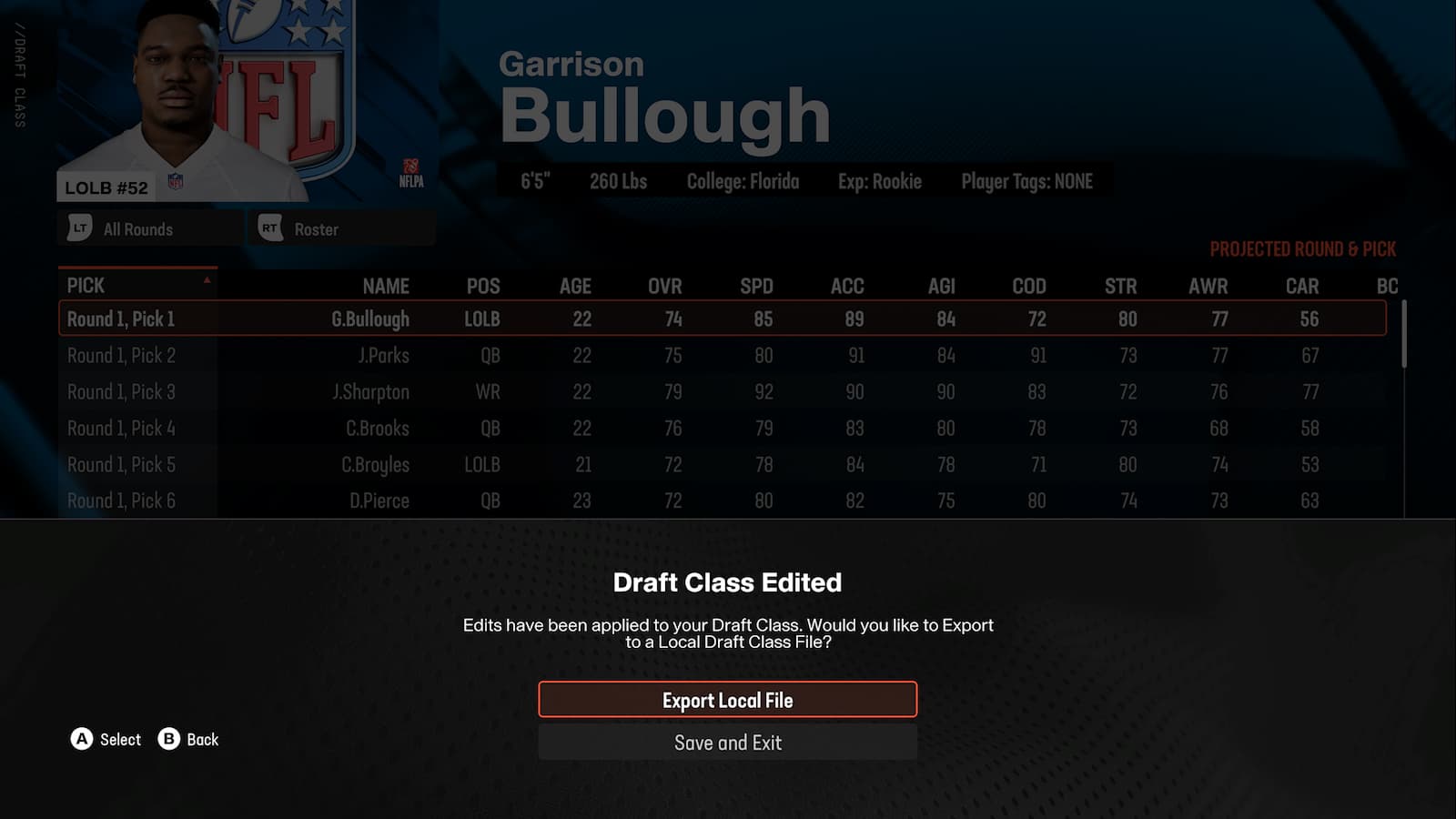 An image of the Draft Class export option Madden 25