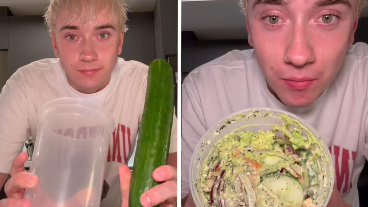 Logan holding a cucumber and the final recipe he made