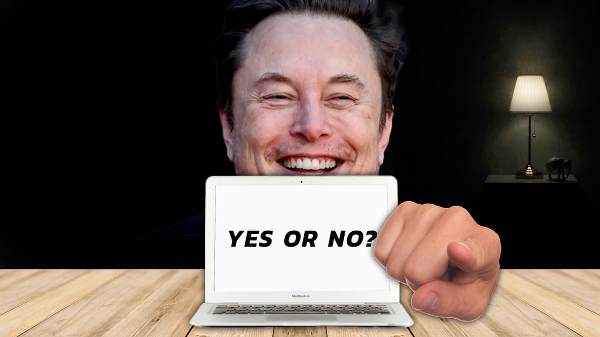 elon musk smiling in behind photoshopped laptop saying "yes or no", a hand pointing is also shown