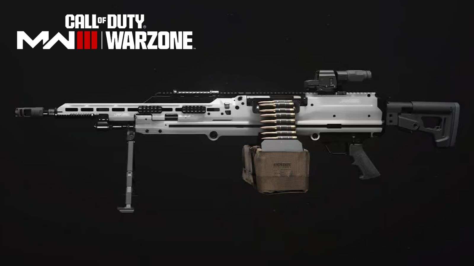 white raal lmg in modern warzone 3 and warzone logo