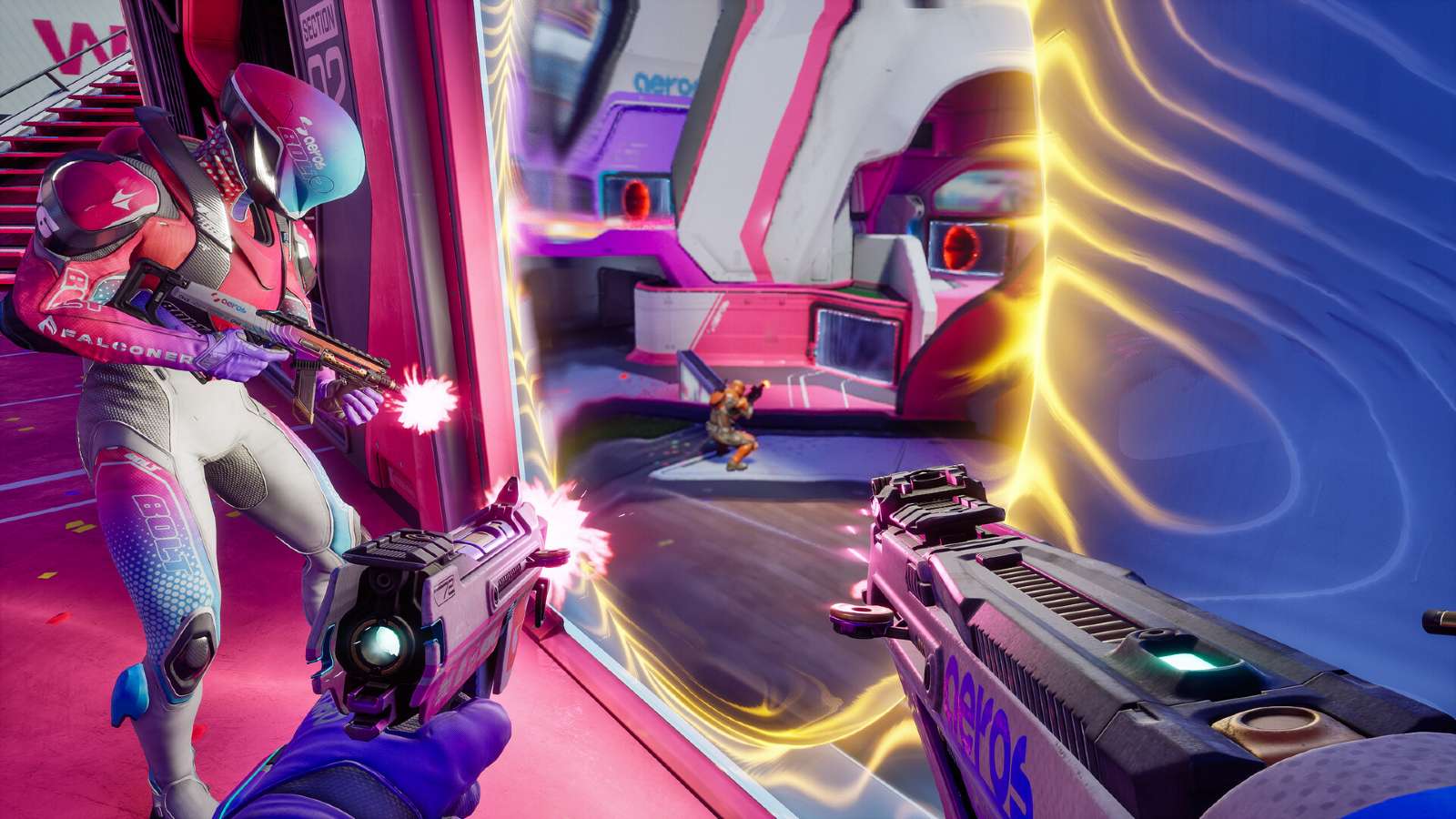 Splitgate 2 players shooting through portals