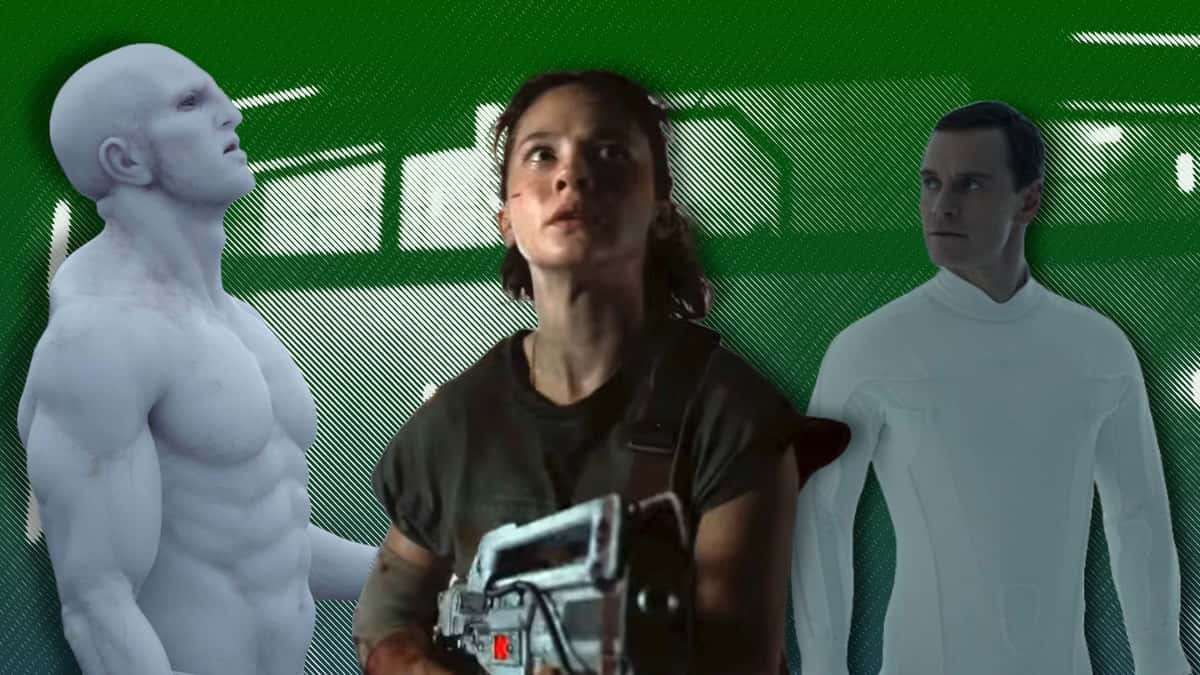 Cailee Spaeny in Alien: Romulus, the Engineers from Prometheus, and Michael Fassbender as David in Alien: Covenant