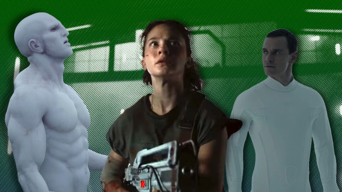 Cailee Spaeny in Alien: Romulus, the Engineers from Prometheus, and Michael Fassbender as David in Alien: Covenant