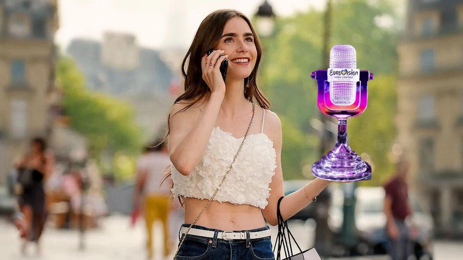 Emily in Paris holding the Eurovision trophy