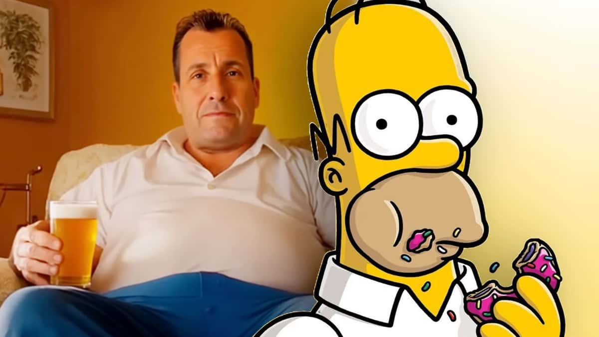 Adam Sandler in the fake live-action Simpsons movie trailer and Homer Simpson