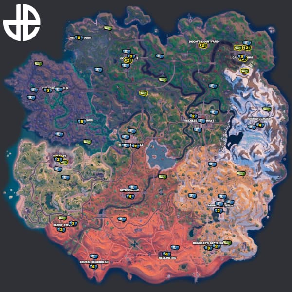 Avengers and Dr. Doom chest locations on the Fortnite Chapter 5 Season 4 map.