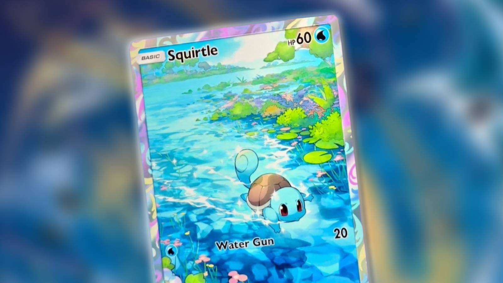 A Pokemon card is shown against a blurred background