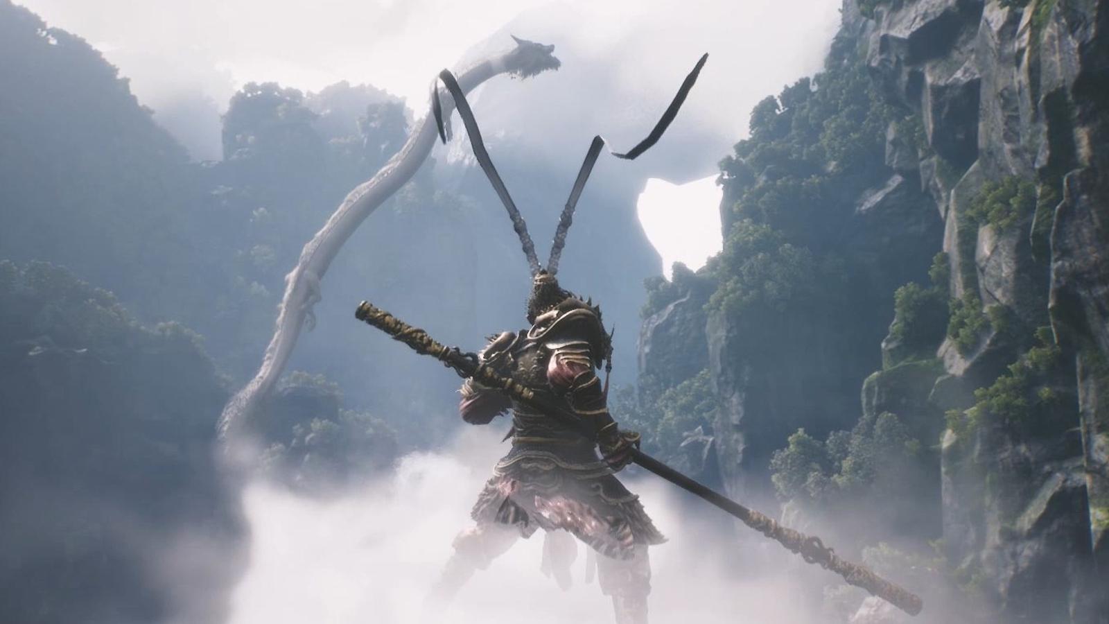 Wukong stands before a big dragon