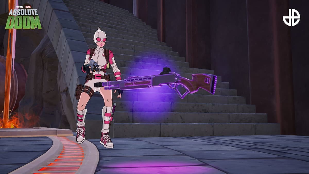 in-game screenshot of gwenpool and the sovereign shotgun in Fortnite Chapter 5 Season 4.