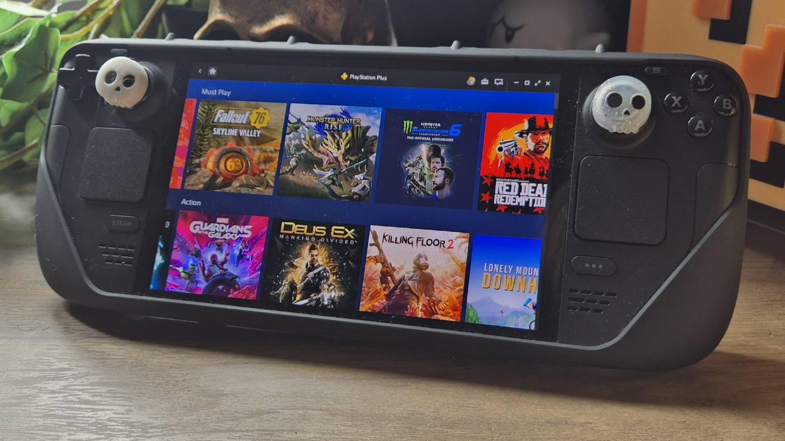 Custom photo of a Steam Deck OLED running the PS Plus app.