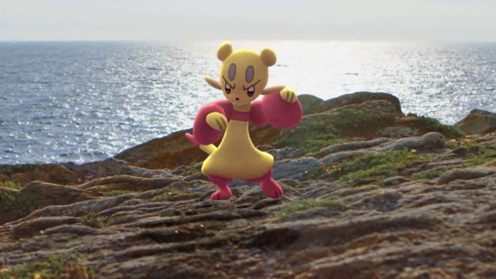 The Pokemon Mienfoo practices martial arts on a cliff