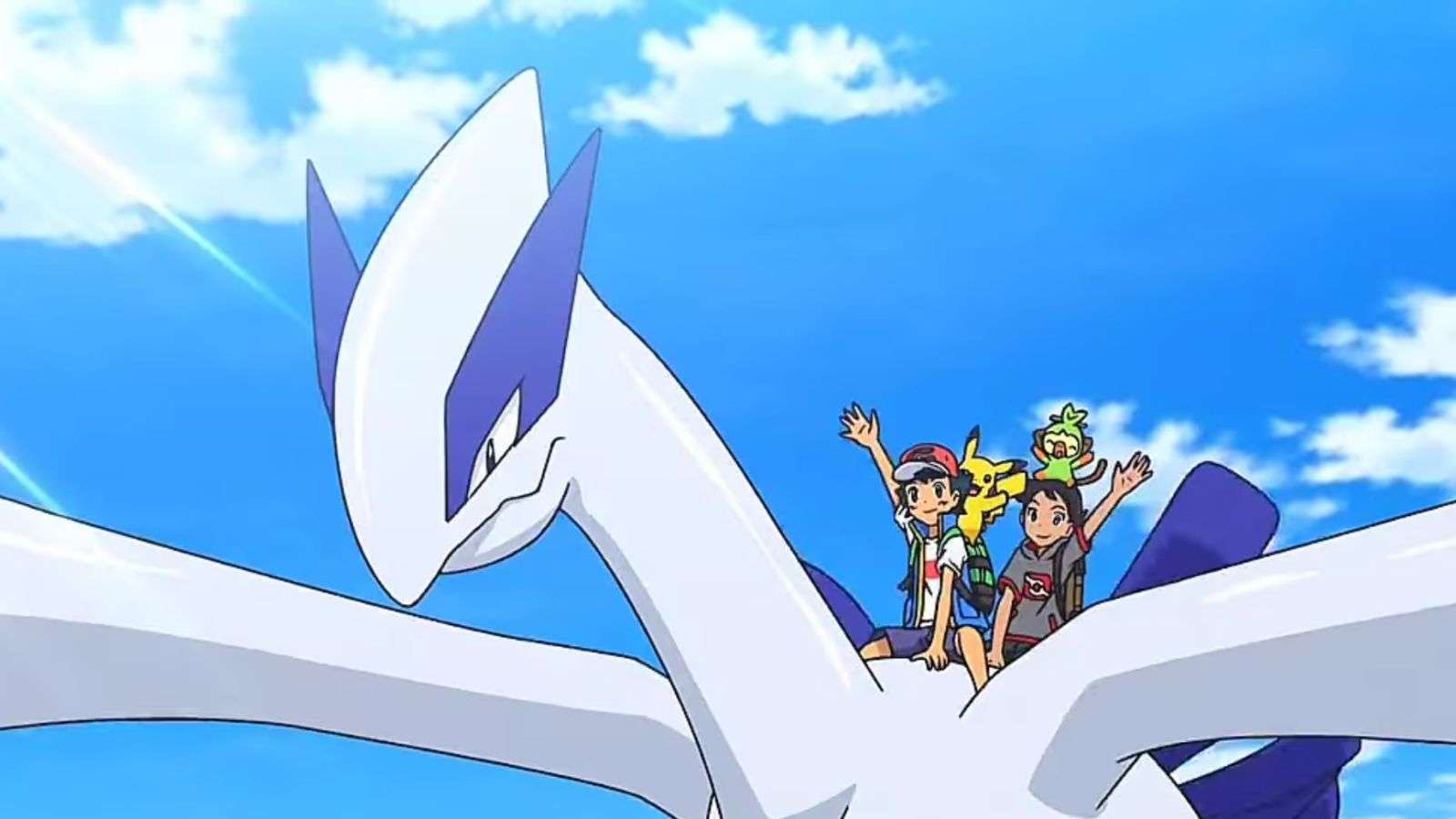 Lugia Pokemon with Ash, Goh, Grookey, and Pikachu on its back.