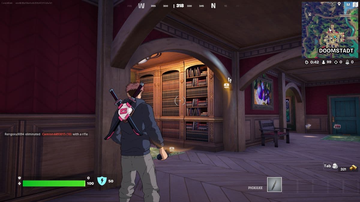 Fortnite character looking at bookcase behind which lies the Iron Man bunker