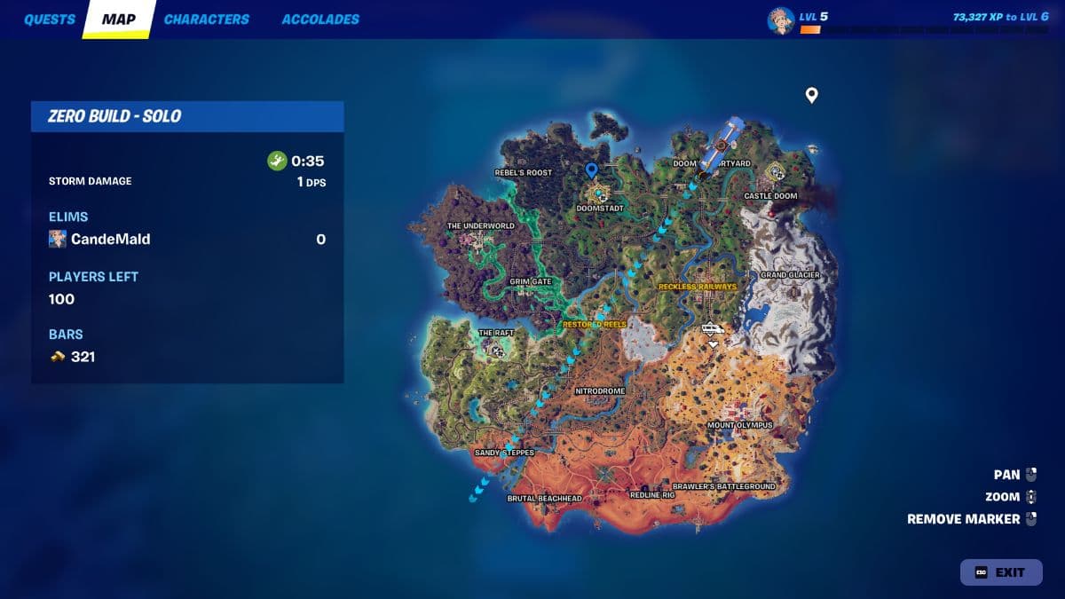 Fortnite map with a marker pointing to the Iron Man bunker location