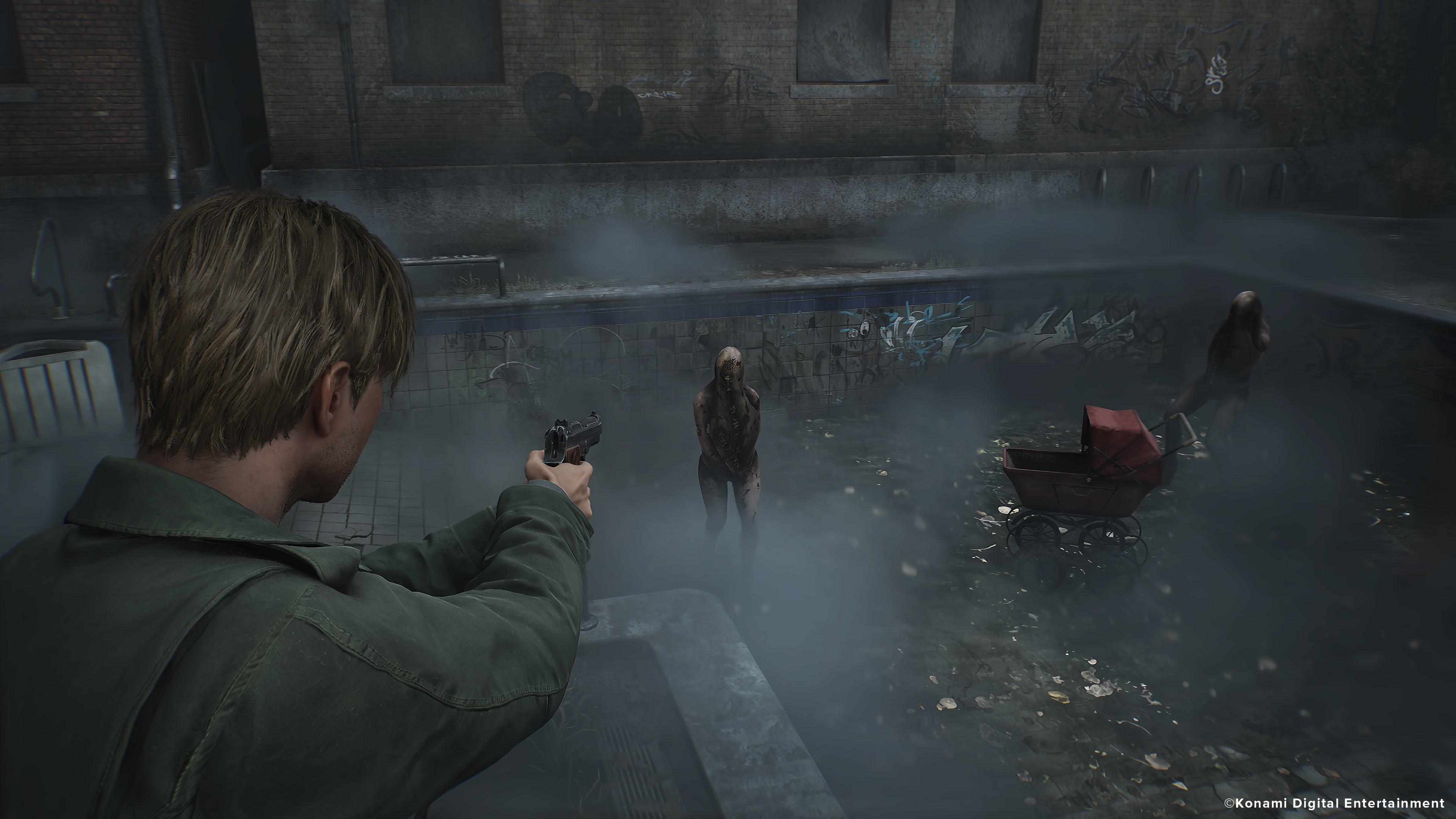 James shoots a monster in the remake of Silent Hill 2