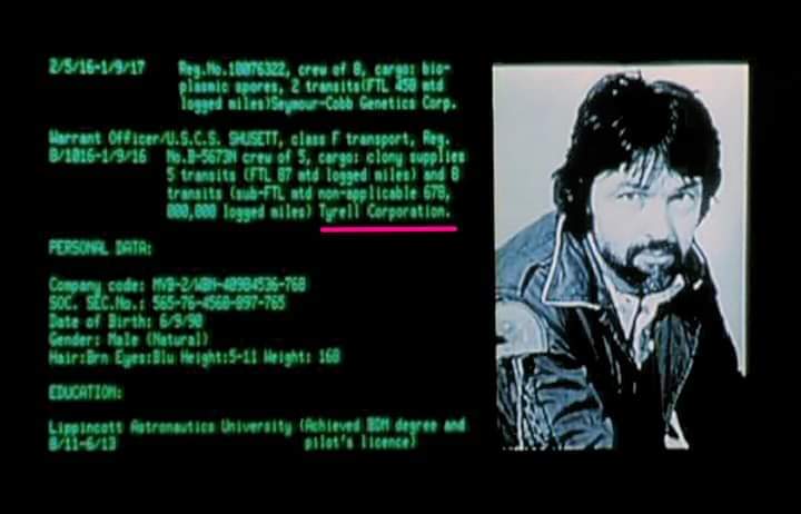 Dallas' biography on the Alien DVD with the Tyrell Corporation underlined