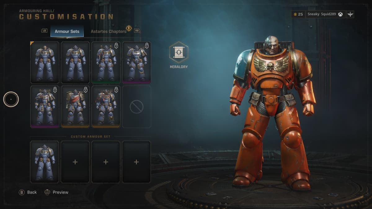 A screenshot of the armor sets customization menu in Space Marine 2.