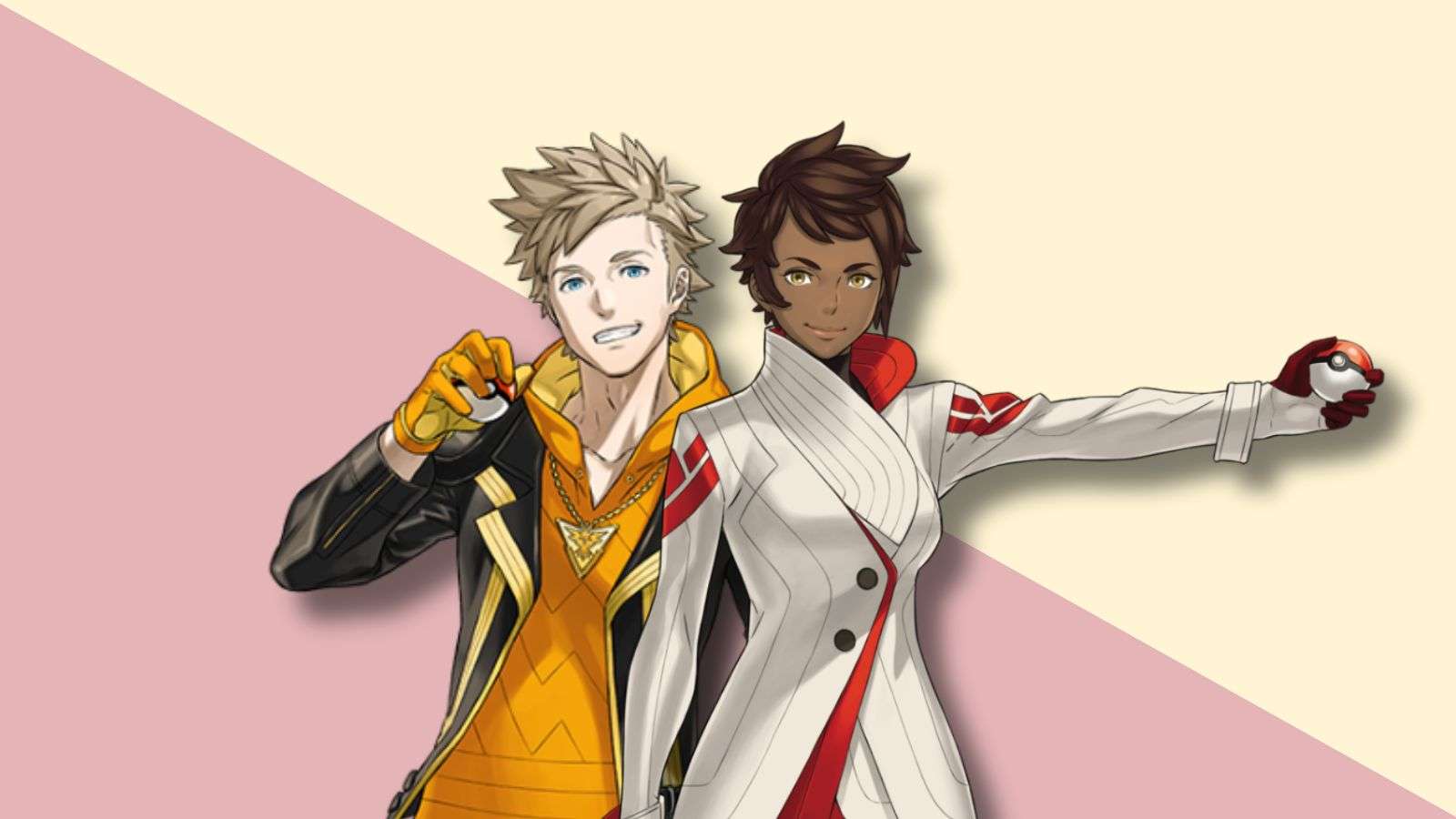 Spark and Candela from Pokemon Go with spliced red and yellow background.