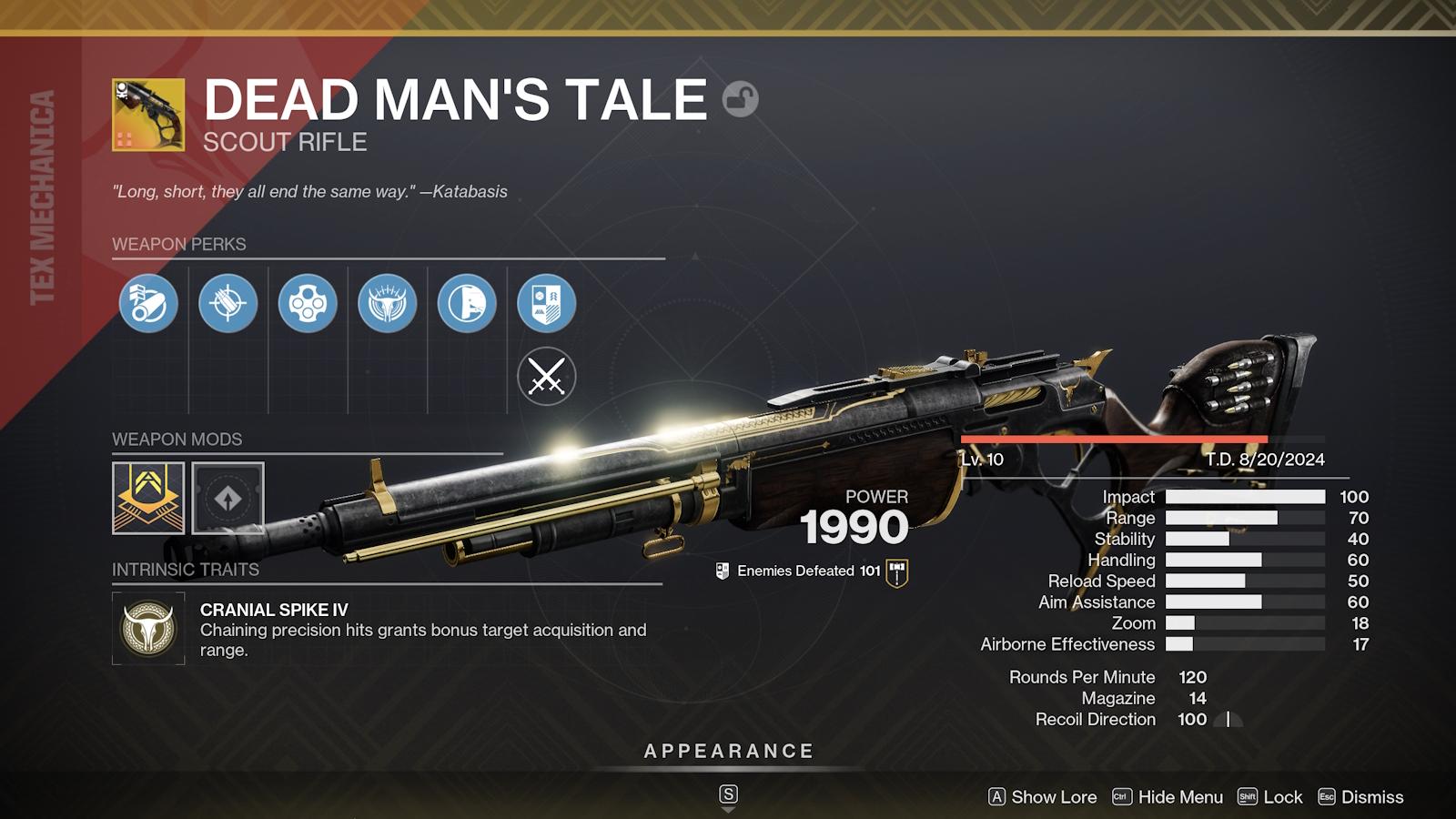 Dead Man's Tale exotic scout rifle in Destiny 2.