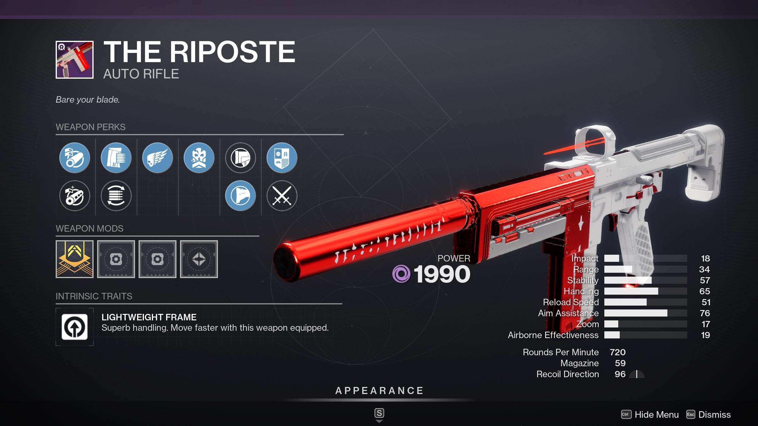 The Riposte auto rifle in Destiny 2.