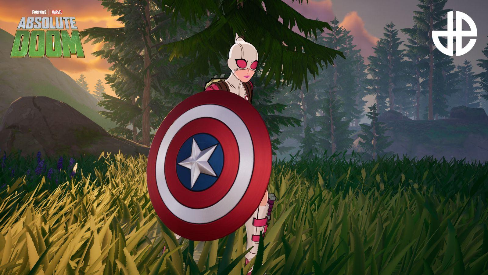 Fortnite Gwenpool carrying Captain America Shield