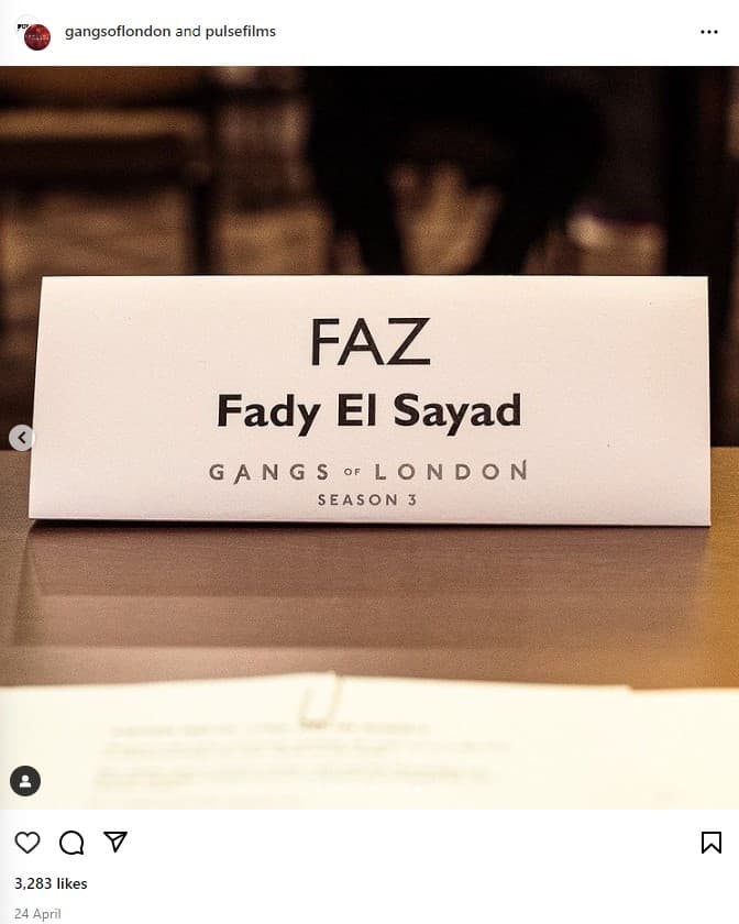 Gangs of London's Instagram post: Fady El Sayad's place card.