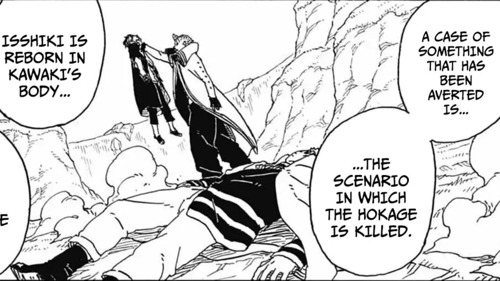 Naruto lies dead and Kawaki is captured by Isshiki in the Boruto manga