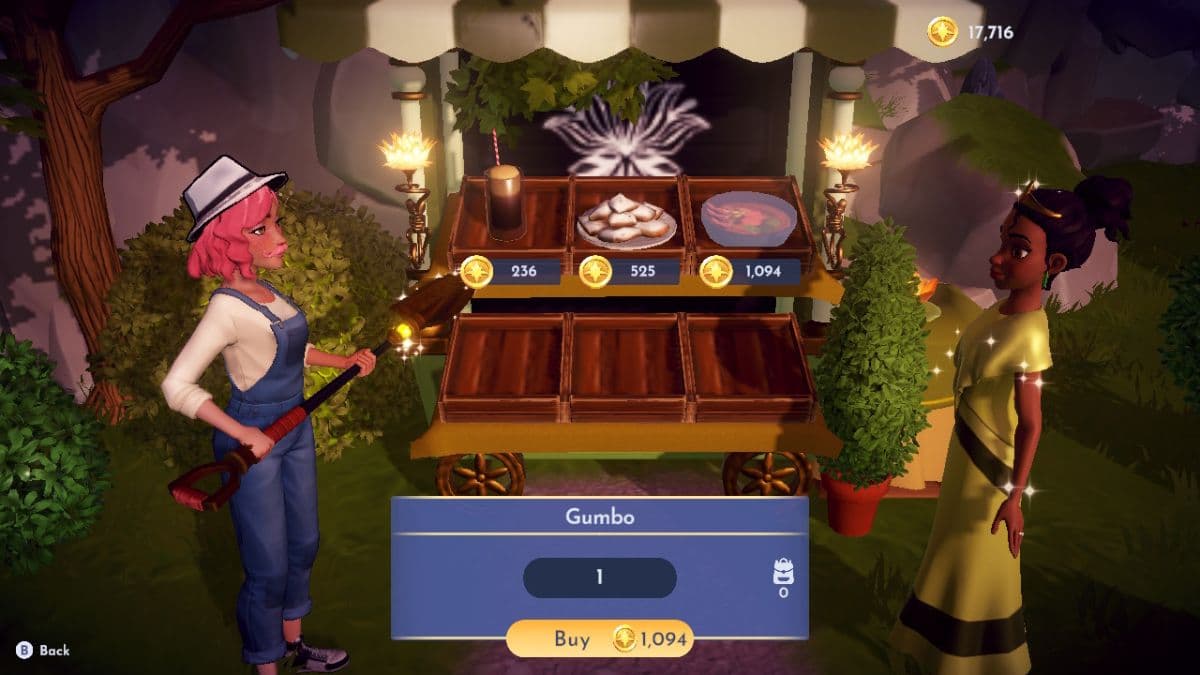 Purchasing meals from Tiana Meal Stall in Disney Dreamlight Valley