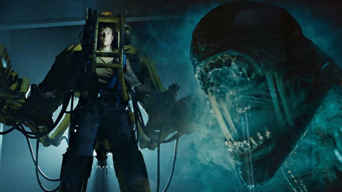 Ripley at the end of Aliens and a Xenomorph from Alien: Romulus