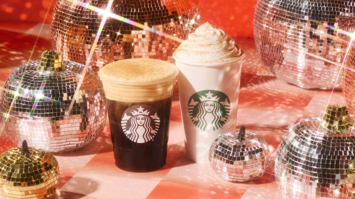 Starbucks Fall menu 2024, pumpkin spice lattes surrounded by disco balls.