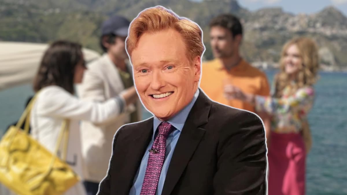 Conan O'Brien against The White Lotus in the background