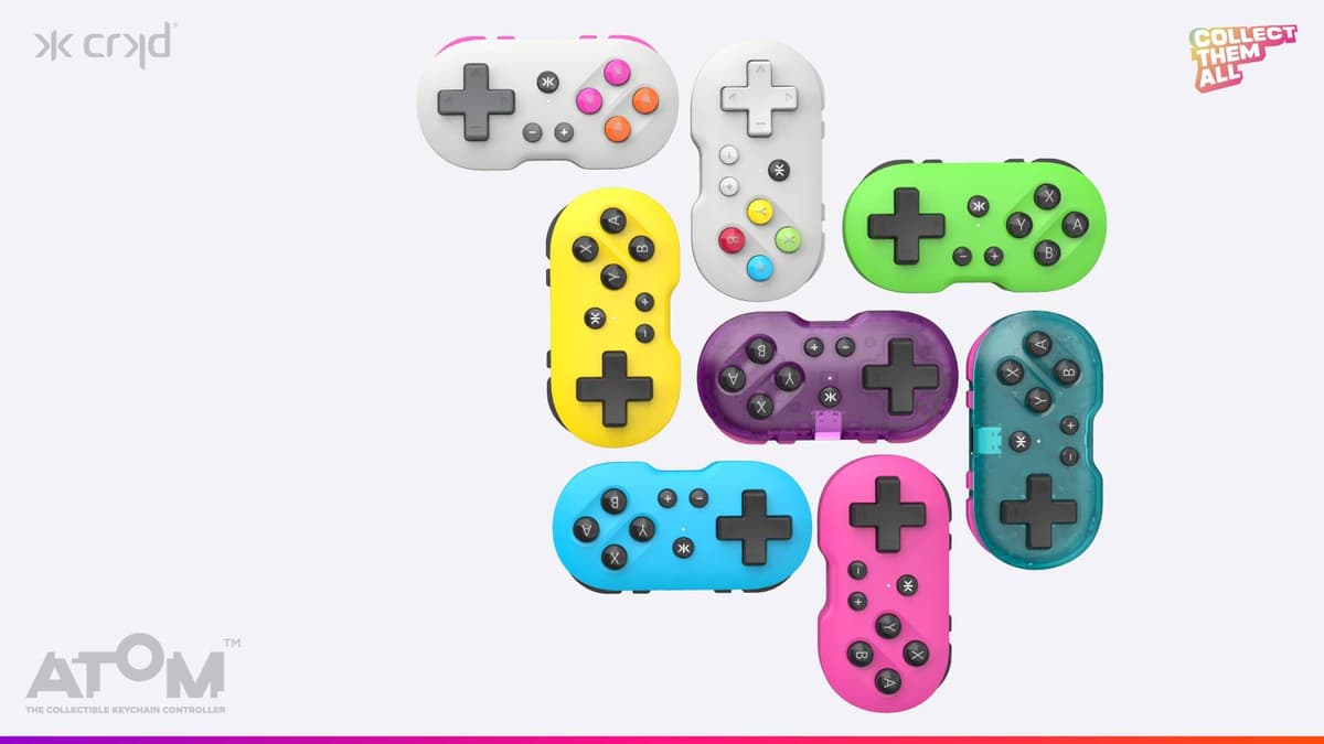 Promotional image of the range of styles of the CRKD ATOM keychain controller.