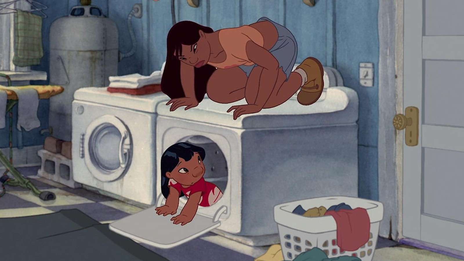 Lilo and Nani in the original dryer scene from Disney Plus