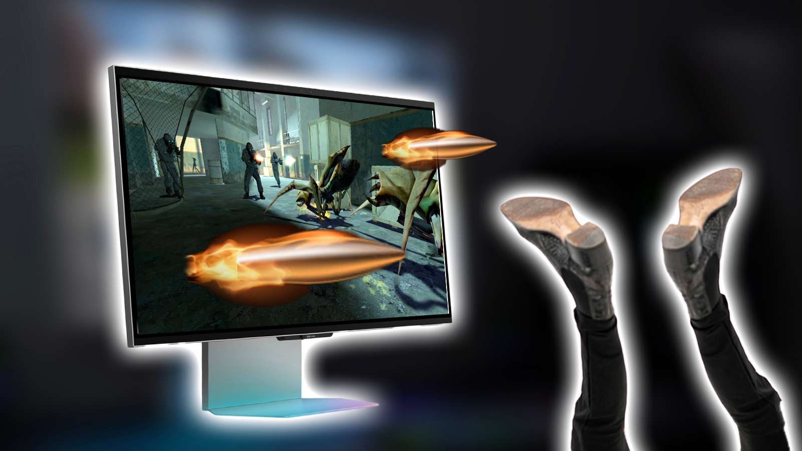 samsung 3d monitor shooting bullets as two legs stick up