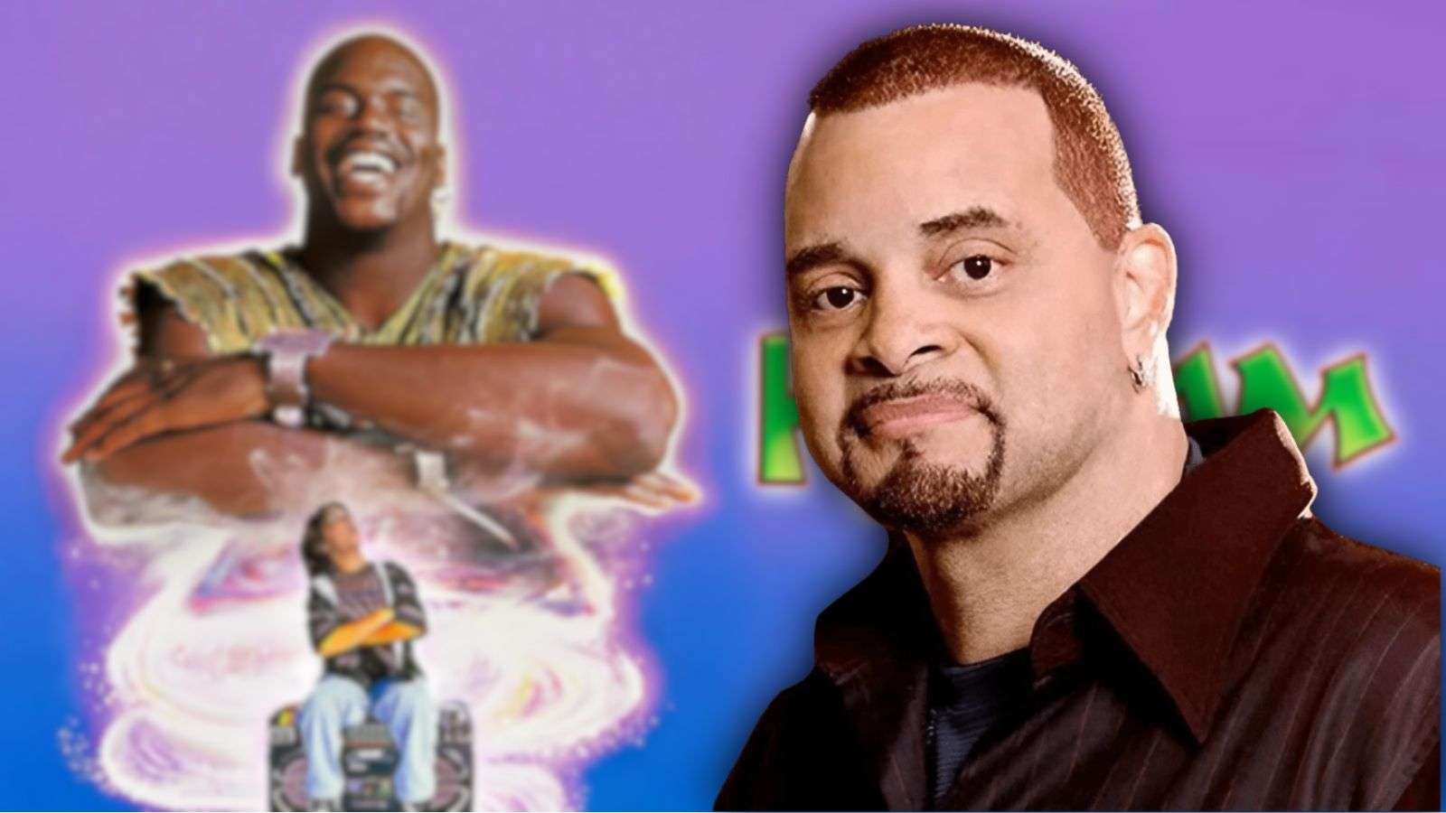 Sinbad in front of a Kazaam poster.