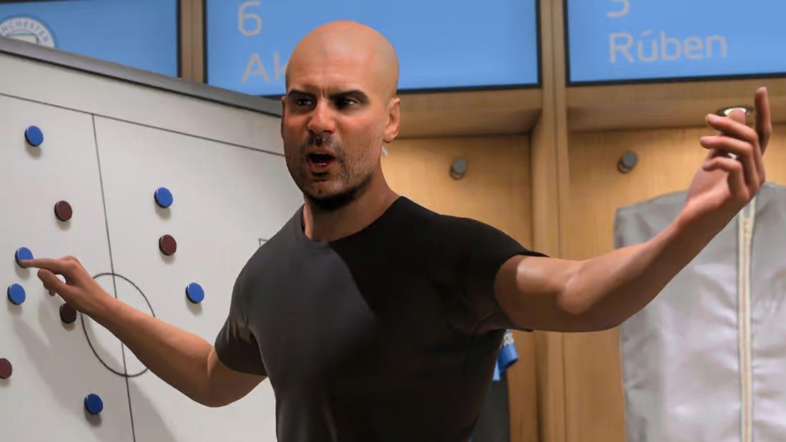 Pep Guardiola holding tactics board in changing room in EA SPORTS FC