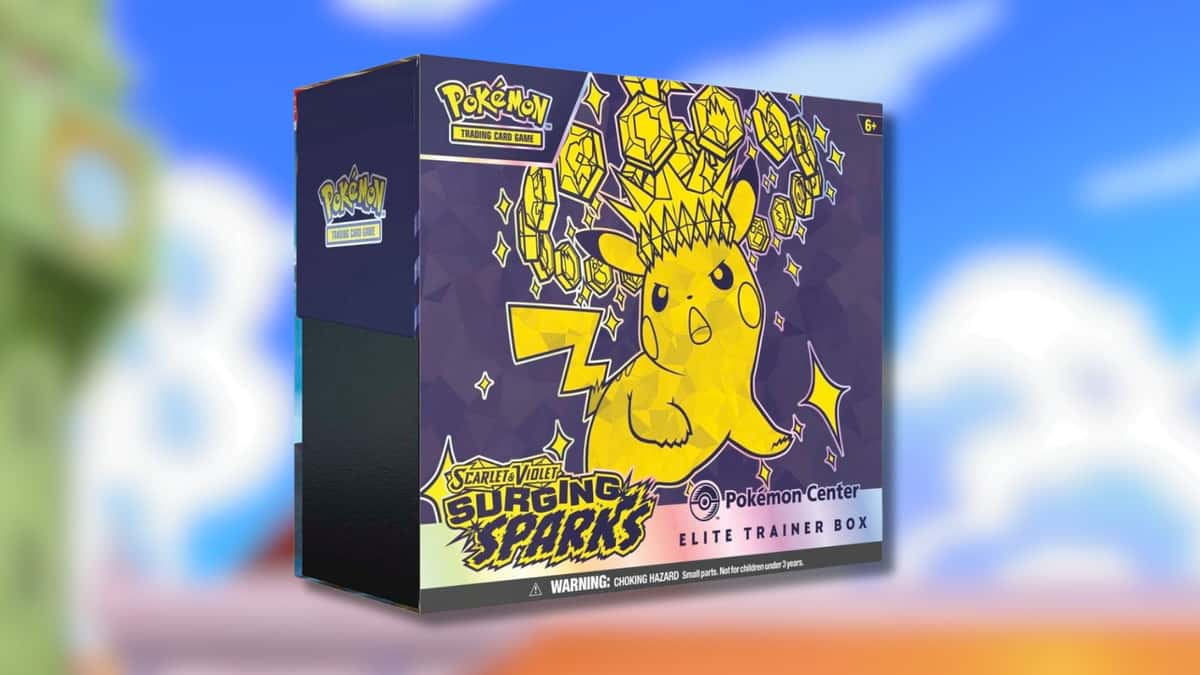 Surging Sparks Elite Trainer Box Pokemon card product.