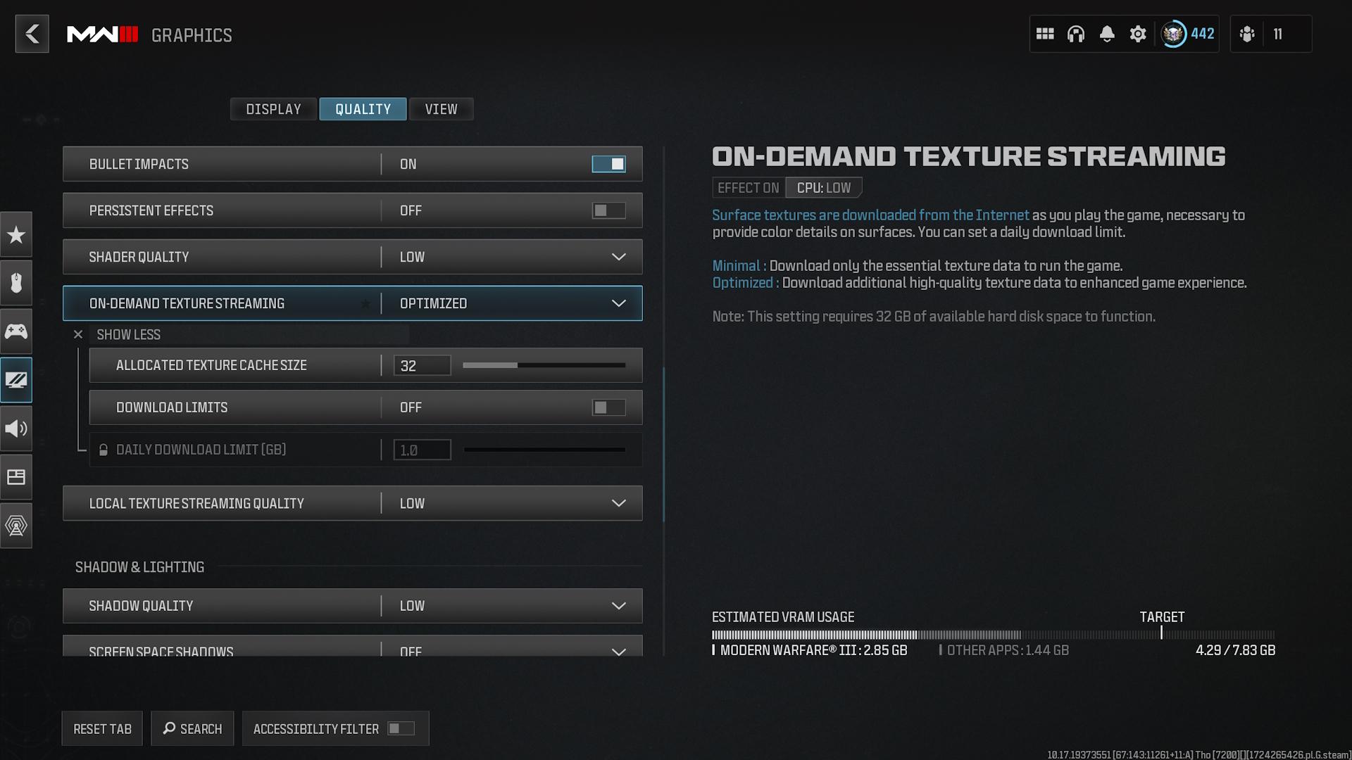 Information about the On-Demand Texture Streaming setting in Modern Warfare 3 and Warzone.