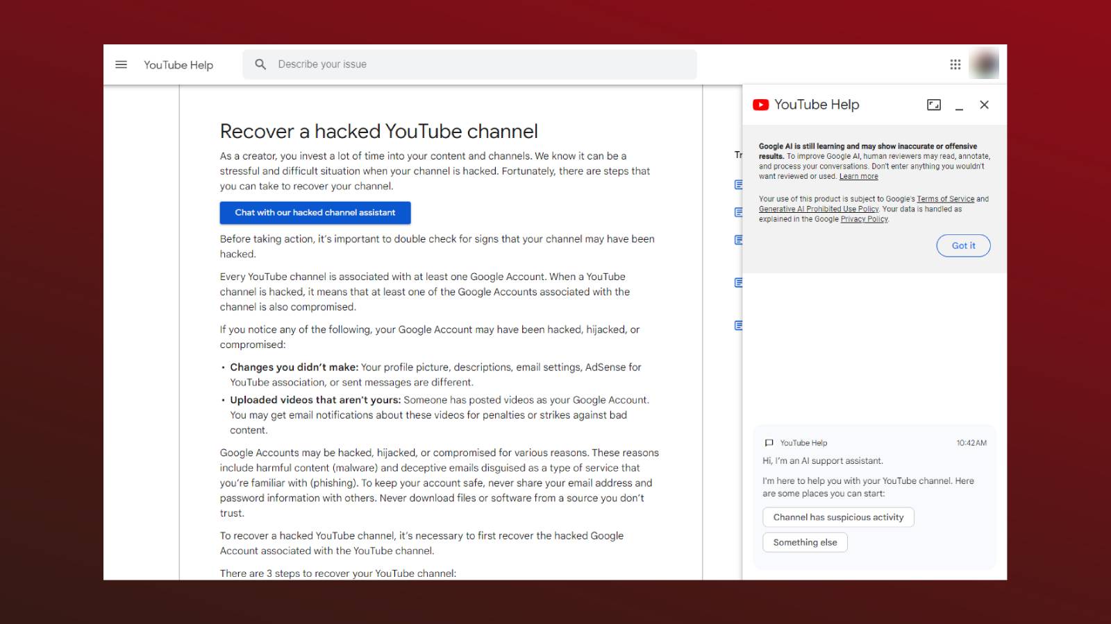 Screenshot of the YouTube AI support assistant.