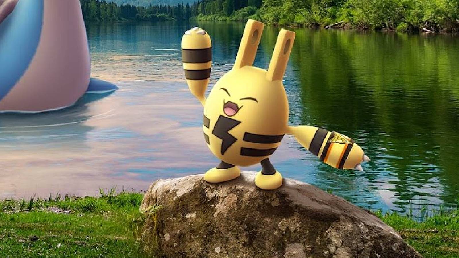 The Pokemon Elekid stands on a rock