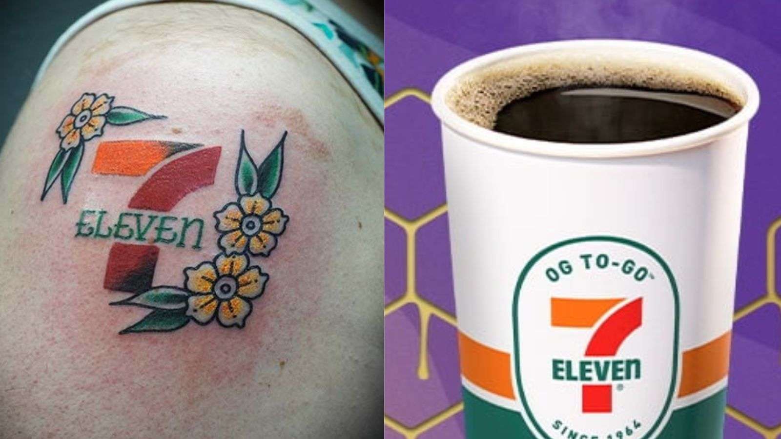 7-eleven tattoo and a 7-eleven coffee cup.