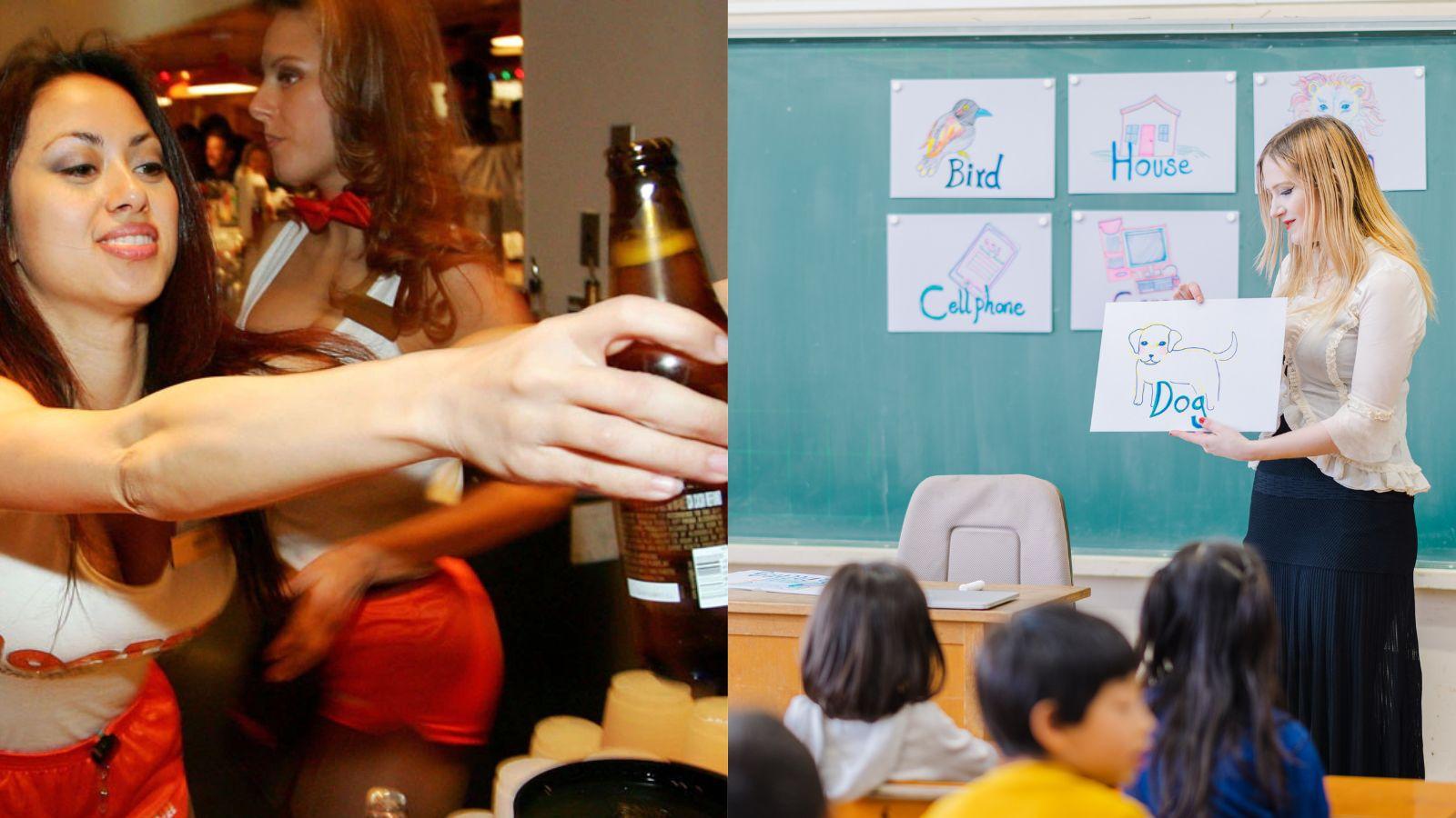 hooters girl and a teacher with a class.